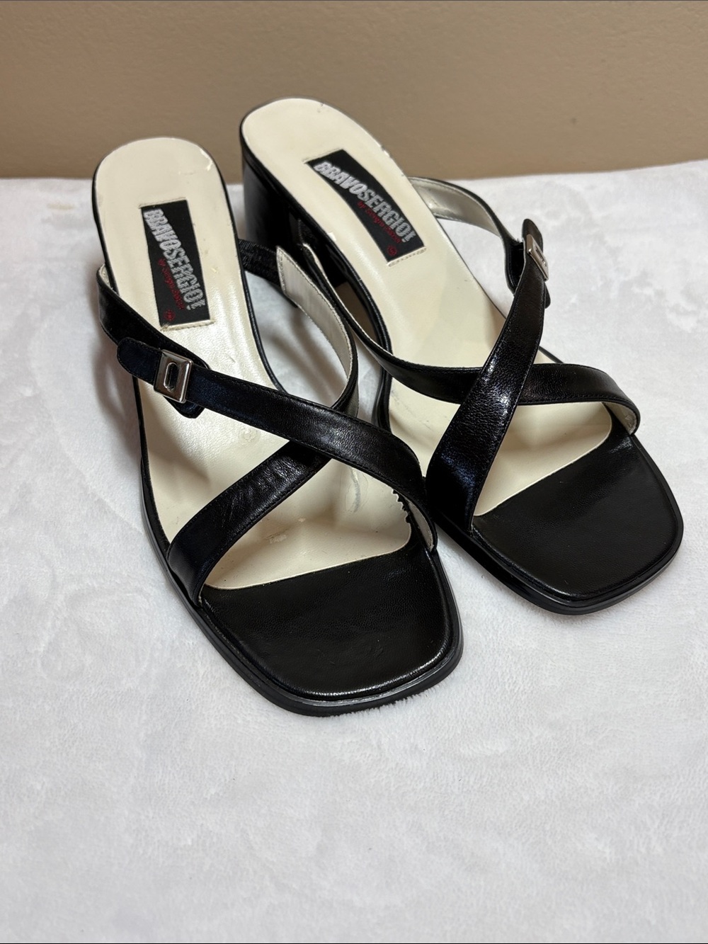 Beavo Sergio! Sally Spanish Leather Block Heeled Sandals, Cross-Strap Mule 9M